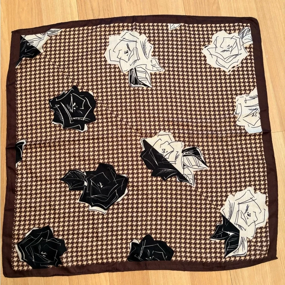 Vintage Brown and cream houndstooth & Rose Scarf. Very soft, may have some wool.
